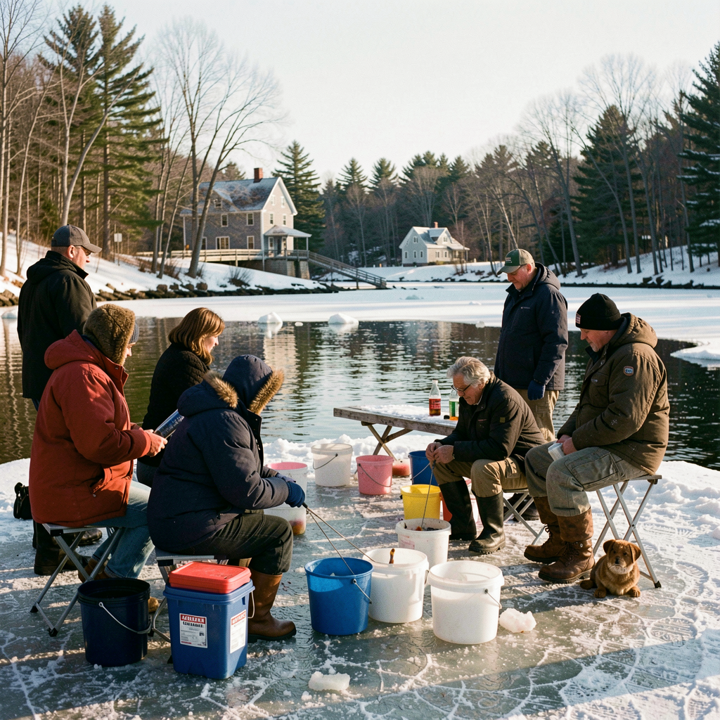 Anglers gather on Homan's Pond for the town's first-ever ice fishing derby in February 2012, organized by the Recreation Commission to draw winter visitors to Willow Creek.
