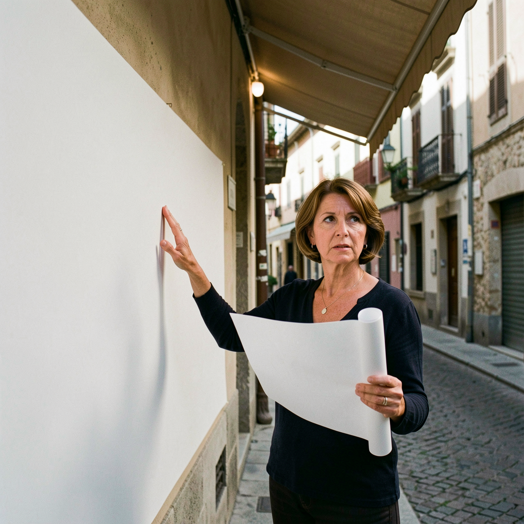Artist Iris Beaumont surveys the empty wall, concept sketch in hand — the retired art teacher chosen to bring the town's story to life on clapboard and paint.
